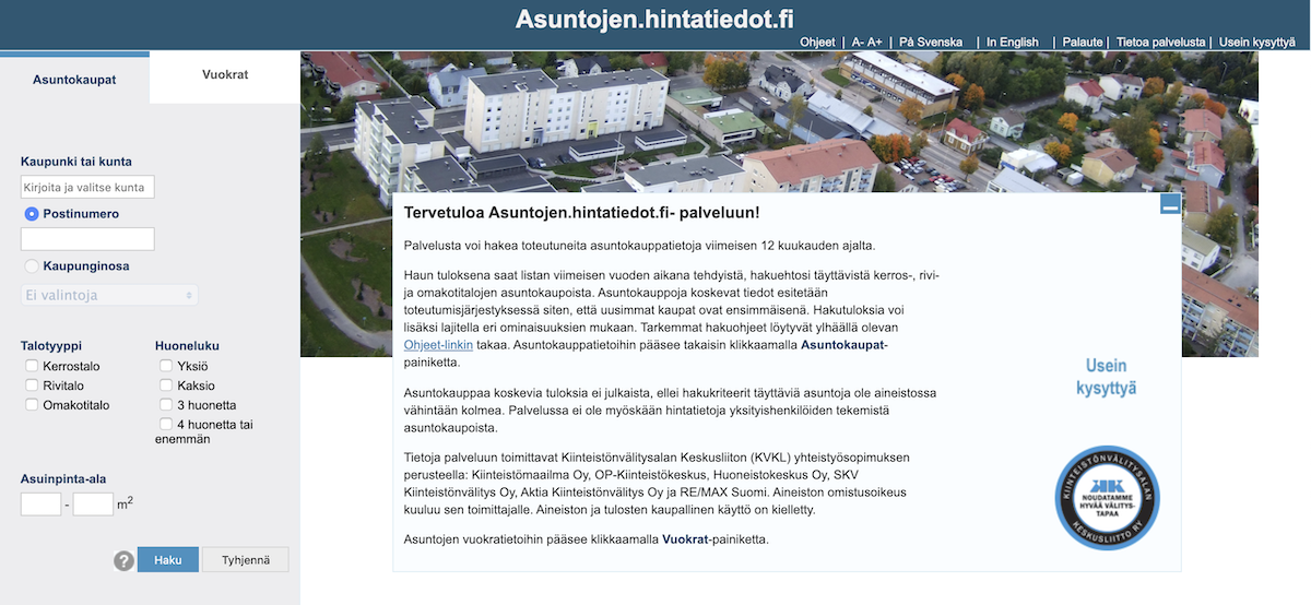 Asuntojen.hintatiedot.fi- palvelun etusivu.