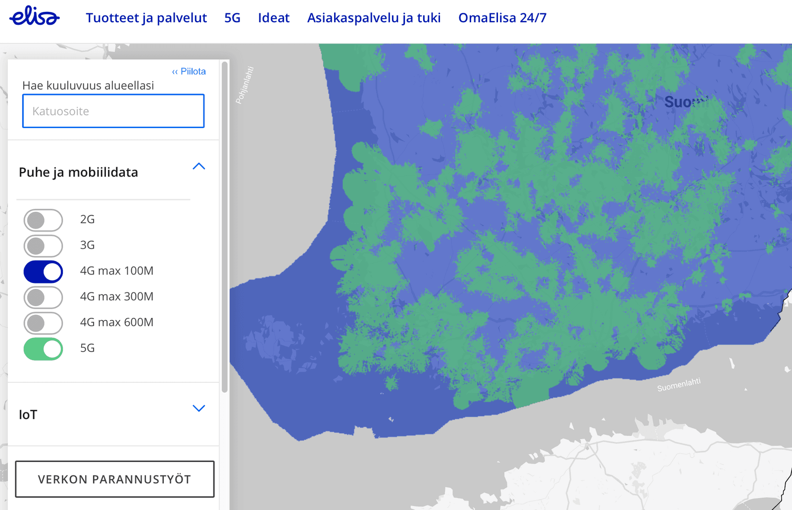 Esimerkki Elisan kuuluvuuskartasta
